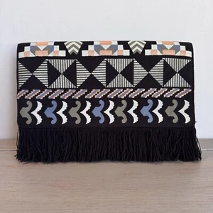 STELLA & DOT Taj Black Woven Tribal Envelope Clutch Bag Purse Fringe Embroidered - Picture 1 of 9
