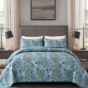 Teal Paisley Quilt Set Queen Size Boho Bedspread Set 3 Pieces, Soft Lightweight - Picture 1 of 7