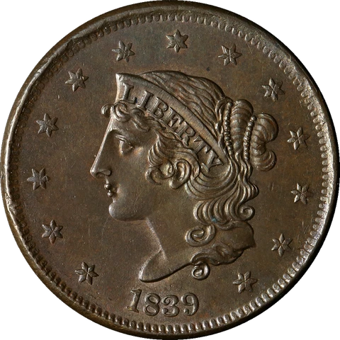 1839 Large Cent Booby Head Choice BU N.11 R.1 Superb Eye Appeal Strong Strike Cover