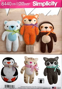 Simplicity Pattern 8440  Plush Animals  Fox, Raccoon, Cat, Bear, Sloth, Penguin - Picture 1 of 2