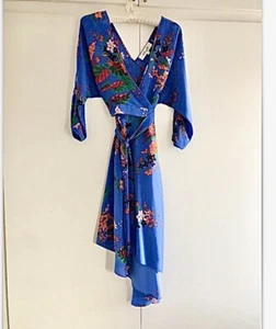 diane von furstenberg silk wrap MIDI dress xxs blue exotic flower print 3/4 - Picture 1 of 12