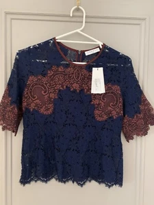 Sandro Navy Blue Burgundy Plum Lace Top Size 2 - Picture 1 of 5