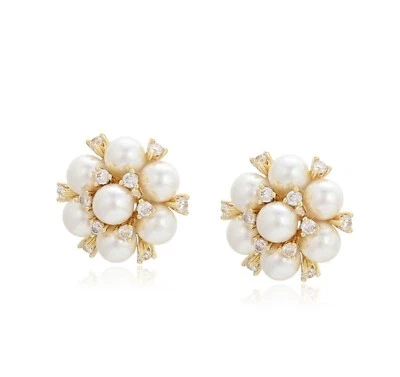 Серьги с жемчугом позолота 14 карат и цирконием - Изображение 1 из 4