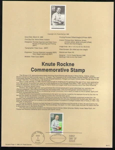 US. SP826. 2376. 22c. Knute Rockne, Football Player. Souvenir Pages.1988 - Picture 1 of 1