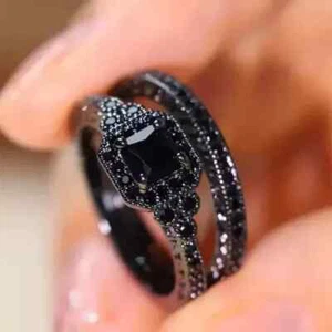 2Ct Princess Lab Created Diamond Bridal Ring Set 14k Black Gold Plated - Picture 1 of 3