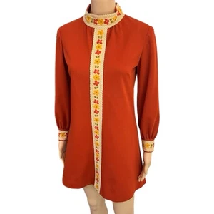 Vintage Mod GoGo Sheath Dress 60s Hippie Polyester Rust A-Line Dress - Size S/M - Picture 1 of 12