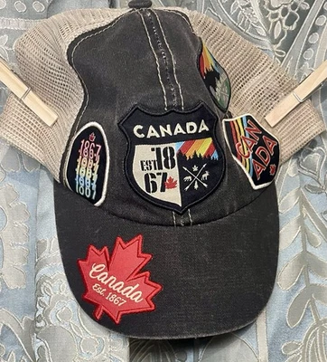 GGS 1867 Date Fabric Canada Multi Sew On Patch Hat Cap One Size Adjustable Black - Image 1 of 4