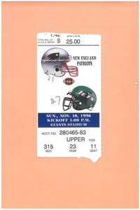 New England Patriots @ New York Jets 11-10-1996 ticket stub Topps Drew Bledsoe E - Picture 1 of 2