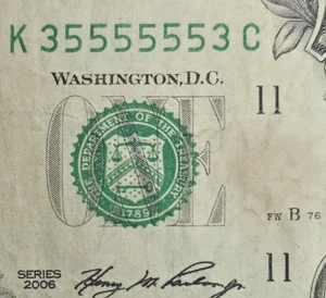 Rare Binary SUPER Radar Fancy Serial Number K35555553C 2006 1$ One Dollar Bill - Picture 1 of 4