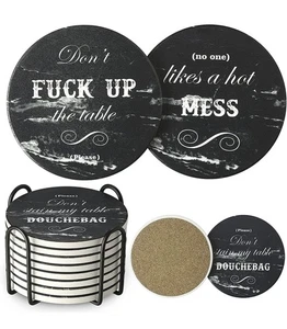 Cuss Word Coasters Set of 8 Black Marble Style Absorbent Drink Coasters - Picture 1 of 7