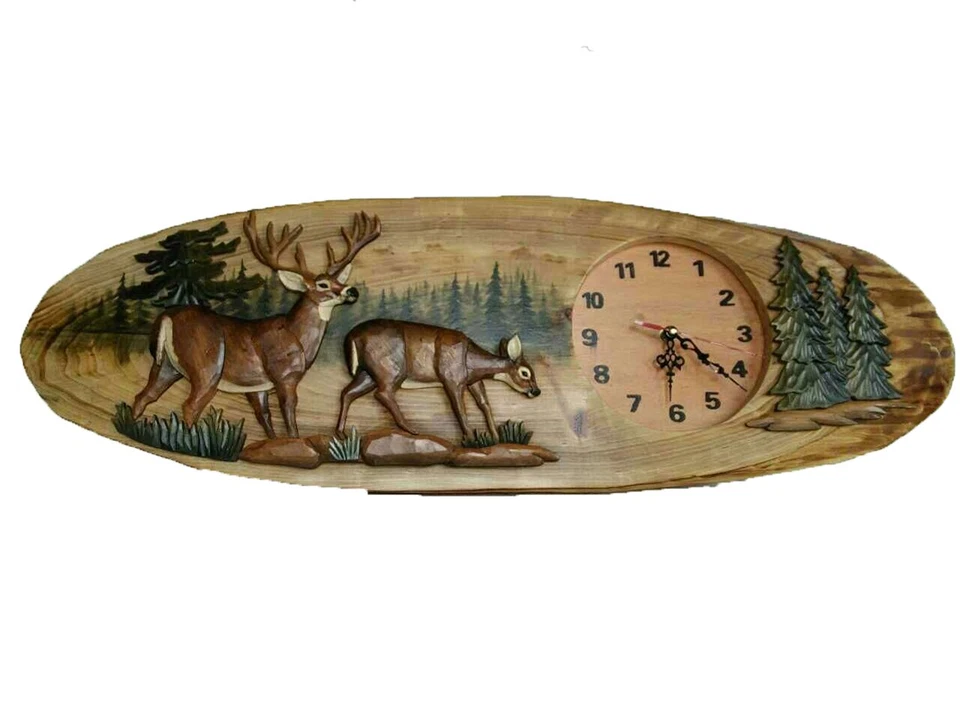 Deer Family Hand Crafted Intarsia Wood Art Wall Clock 13 X 32 X 3 Inches - Image 1 of 1