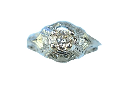 ANTIQUE ART DECO 18K WHITE GOLD FILIGREE DIAMOND RING .27 CARAT TW SIZE 7 - Image 1 of 4