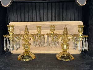 Heisey Sahara Old Williamsburg Yellow Glass 2-light Candelabra Pair w/Prisms - Picture 1 of 6