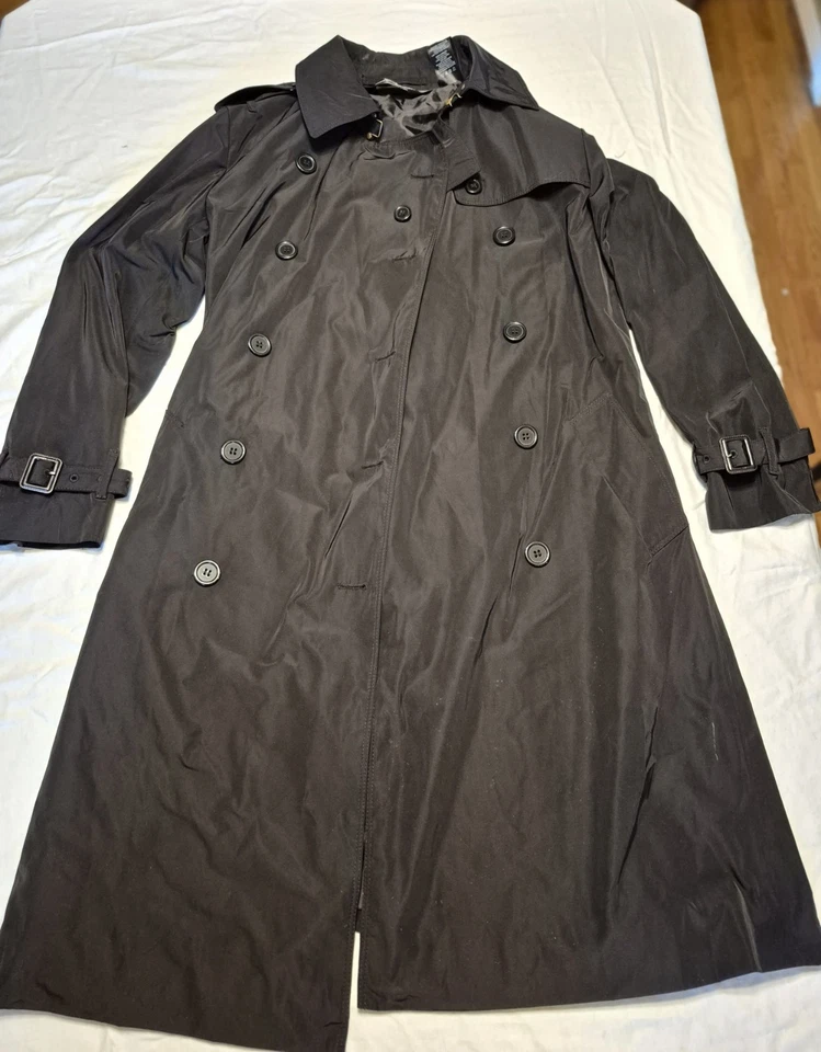 Gabardina Norma Kamali Negra Pequeña Cinturón Doble Pecho Chaqueta Larga Foto 1 de 4