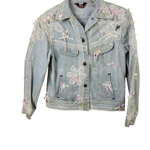 Lee For Girls Denim Jacket Light Wash Cottagecore Lace Pink Bows Retro Boho 8 - Picture 1 of 14