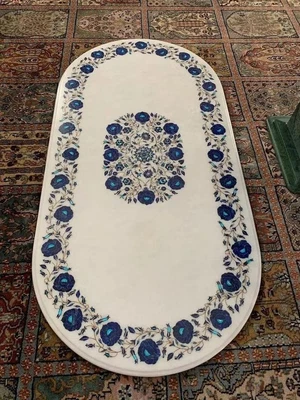 36"X24" Oval White Marble Inlay Table – Handmade Floral Pietra Dura TableTop - Image 1 of 4