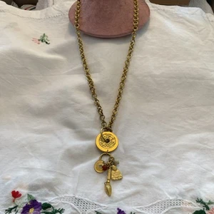VINTAGE ASIAN DOUBLE ROLO TOGGLE CLASP CHAIN BUDDAH FAUX COINS NECKLACE - Picture 1 of 12
