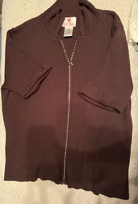 Suéter Top Quacker Factory Cremallera Completa Talla 2XL Marrón Acanalado Estrás Manga Corta Foto 1 de 3