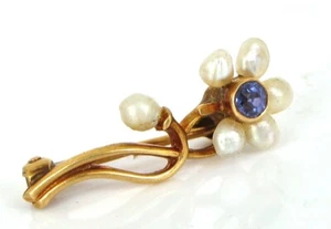 VTG BEAUTIFUL 14K YELLOW GOLD BLUE SAPPHIRE SEED PEARL FLOWER BROOCH PIN 1.2G - Picture 1 of 2