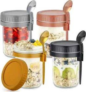 4 Pack Overnight Oats Containers with Lids and Spoons 16 Oz Glass Mason Jars - Picture 1 of 12