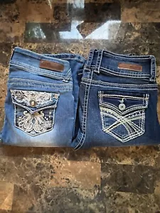 2 Pair WallFlower Bootcut Jeans Juniors Size 1 Blue Ultra Low Rise Flap Pockets - Picture 1 of 16
