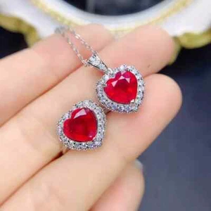 Natural Ruby Heart Ring and Pendant Jewelry Set 8mm, Genuine Ruby Jewelry Set - Picture 1 of 5