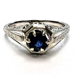 Art Deco Ring 20er Jahre 18 Karat Weißgold blauer Saphir signiert weiße Rose Größe 5,25 - Bild 1 von 12