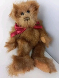 Vintage Bear Plush Jointed Furry Burgundy Ribbon Velvet Paws 9 Inch - Picture 1 of 6