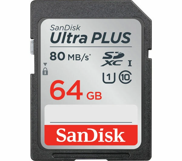 SanDisk Ultra Plus SDXC Memory Card Up to 80 MB/s Class 10 U1, 64 GB, Black Grey - Image 1 of 4