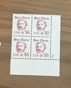 US Stamp # 2196 $5 Bret Harte Plate Block of 4 MINT NH - Picture 1 of 3