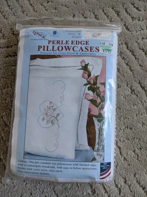 NEW JDNA PERLE EDGE PILLOWCASES #1600-380 Rose & Heart embroidery cross stitch - Image 1 of 2