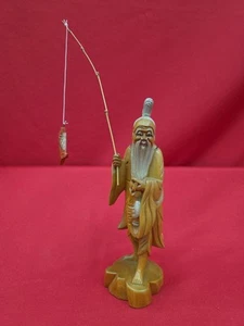 Vtg 8" Asian Hand Carved Wood Man Fish Fishing Statue Figurine Art Home Decor - Picture 1 of 16