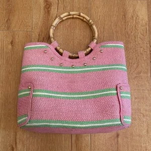 VTG Raphia Stripe straw summer Tote purse bamboo Handles pink Green Stripe Boho - Picture 1 of 10