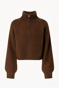 Brauner Damen Strickpullover mit halbem Reißverschluss und hohem Kragen   - Bild 1 von 2
