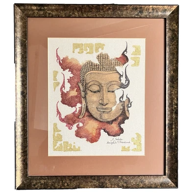 Pintura de pared de Buda meditando sobre lienzo enmarcada mate firmada artista Bangkok Foto 1 de 4