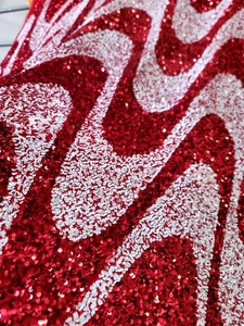 Sequins Velvet Waves Fabric Sold By The Yard Red And White Stretch For Dress  - Picture 1 of 15