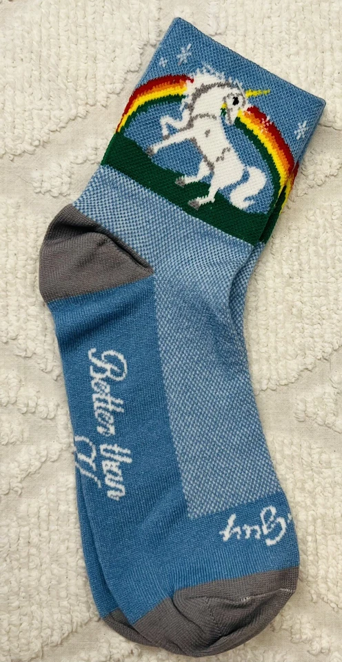 Calcetines de ciclismo Sockguy Classic 3" arco iris unicornio “mejor que los caballos” L/XL azul Foto 1 de 2