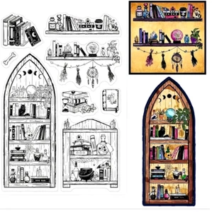 Witch Bookshelf Potions Boho Dreamweaver Cauldron Halloween Clear Stamp - Picture 1 of 2
