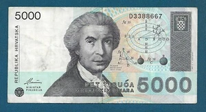 5000 Dinara 1992. Croatian banknotes HRD War period, Rudjer Boskovic ! - Picture 1 of 2