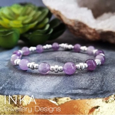 925 Sterling Silver bead Stacking Bracelet with Natural Amethyst By INKA - Image 1 of 4