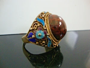 Chinese EXPORT 925 Sterling Silver Tiger's Eye Butterfly Enamel Ring Adjustable - Picture 1 of 11