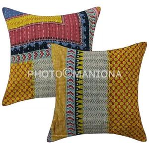 Indian Handmade kantha Cushion Cover colorful pillows Cover 2 pc home decorative - Picture 1 of 4