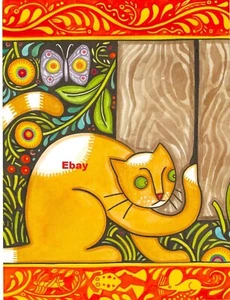 Kitty Cat Folk Art Print for Framing, 11" x 8.25", Yellow Cat Peeking Thru Fence - Picture 1 of 1