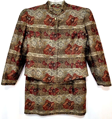 VTG FPL Doncaster Jacket Skirt Suit Geometric Floral Metallic Thread  Size 12 - Image 1 of 4
