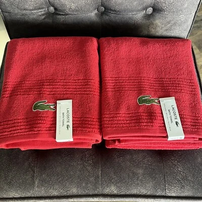 SET of 2 LACOSTE Bath Towels RED 100% Coton 30” x 52” Crocodile Logo - Image 1 of 2