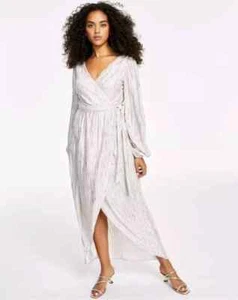 Maxi abito Guess metallizzato finto avvolgente hi-low argento champagne donna taglia 10 - Foto 1 di 11