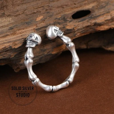Para Hombres S925 Plata Esterlina Doble Calavera Anillo Abierto Hueso Articulación Banda Gótico Motociclista Foto 1 de 4