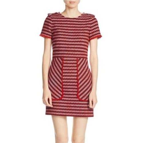 VETEMENTS Maje Riola Mini Abito Tweed Jacquard Rigato Manica Corta Rosso Nero Taglia XS