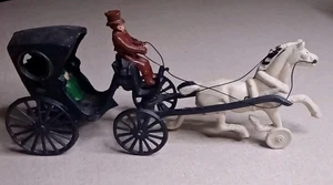 Vintage Gusseisen Pferd & Kutsche mit Fahrer & Passagier Figuren 14" - Bild 1 von 12