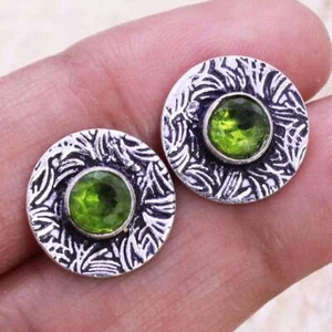 Peridot 925 Silver Plated Handmade Stud/Earrings of 0.5" - Picture 1 of 3